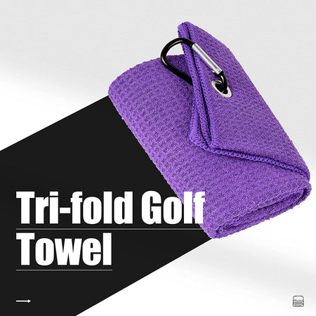 Tri-Fold Golf Towel | Premium Microfiber Fabric | Waffle Pattern | with Heavy Duty Carabiner Clip | Purple Golf Towel for Men and Women | 16”X21” (Purple)