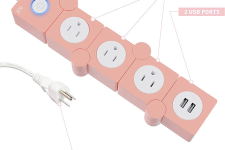 Flexible Power Strip - 3 AC Outlets and 2 USB Charging Ports with Pink Extension Cord, Power Strips with Surge Protection, Decorative Surge Protector Outlet Extender for Home, Office, and More