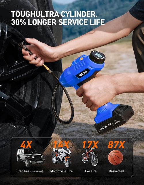 Load image into Gallery viewer, C2 Cordless Tire Inflator Air Compressor 20V Rechargeable Battery Powered 160PSI Portable Handheld Air Pump with 12V Car Power Adapter Digital Pressure Gauge for Cars Motorcycles Blue
