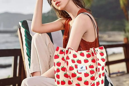Corduroy Tote Bag for Women Girl Canvas Shoulder Cord Purse with Inner Pocket (Strawberry)
