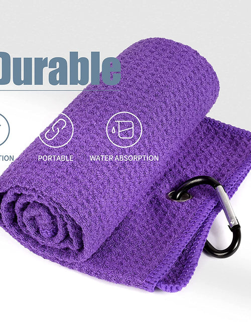 Load image into Gallery viewer, Tri-Fold Golf Towel | Premium Microfiber Fabric | Waffle Pattern | with Heavy Duty Carabiner Clip | Purple Golf Towel for Men and Women | 16”X21” (Purple)
