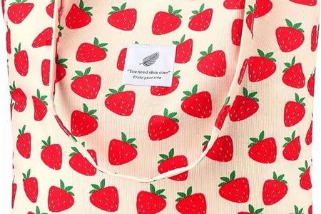 Corduroy Tote Bag for Women Girl Canvas Shoulder Cord Purse with Inner Pocket (Strawberry)