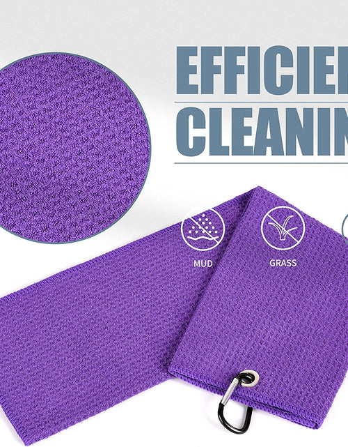 Load image into Gallery viewer, Tri-Fold Golf Towel | Premium Microfiber Fabric | Waffle Pattern | with Heavy Duty Carabiner Clip | Purple Golf Towel for Men and Women | 16”X21” (Purple)
