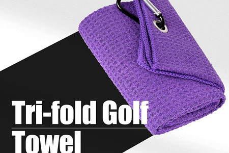 Tri-Fold Golf Towel | Premium Microfiber Fabric | Waffle Pattern | with Heavy Duty Carabiner Clip | Purple Golf Towel for Men and Women | 16”X21” (Purple)