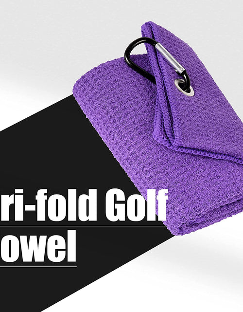 Load image into Gallery viewer, Tri-Fold Golf Towel | Premium Microfiber Fabric | Waffle Pattern | with Heavy Duty Carabiner Clip | Purple Golf Towel for Men and Women | 16”X21” (Purple)
