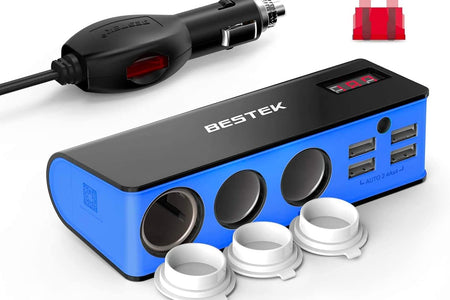 3-Socket Cigarette Lighter Adapter, 12V/24V 200W DC Cigarette Outlet Car Charger Splitter with 4-USB Ports Car Power Adapter for GPS, Dashcam, Low Voltage Protection with Replace Fuse