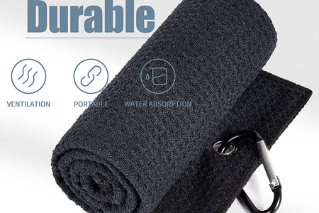 Microfiber Waffle Pattern Tri-Fold Golf Towel | Brush Tool Kit with Club Groove Cleaner, Retractable Extension Cord and Clip
