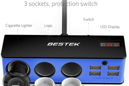 3-Socket Cigarette Lighter Adapter, 12V/24V 200W DC Cigarette Outlet Car Charger Splitter with 4-USB Ports Car Power Adapter for GPS, Dashcam, Low Voltage Protection with Replace Fuse