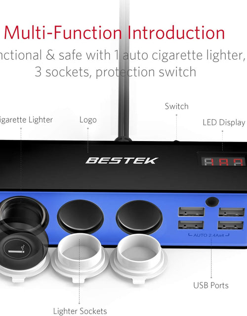 Load image into Gallery viewer, 3-Socket Cigarette Lighter Adapter, 12V/24V 200W DC Cigarette Outlet Car Charger Splitter with 4-USB Ports Car Power Adapter for GPS, Dashcam, Low Voltage Protection with Replace Fuse
