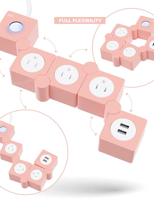 Load image into Gallery viewer, Flexible Power Strip - 3 AC Outlets and 2 USB Charging Ports with Pink Extension Cord, Power Strips with Surge Protection, Decorative Surge Protector Outlet Extender for Home, Office, and More
