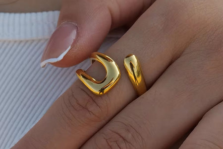 Uworld Stainless Steel Geometric Hollow Layered Wide Ring Metal Texture Waterproof Daily Simple Stylish Golden Jewelry for Women