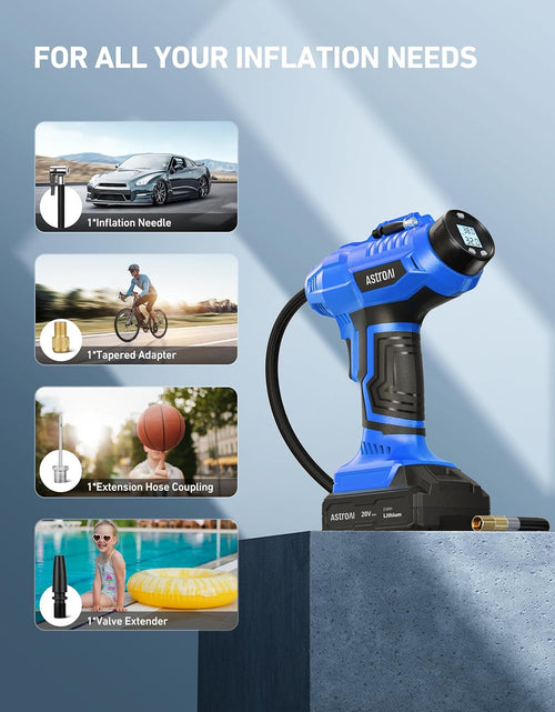 Load image into Gallery viewer, C2 Cordless Tire Inflator Air Compressor 20V Rechargeable Battery Powered 160PSI Portable Handheld Air Pump with 12V Car Power Adapter Digital Pressure Gauge for Cars Motorcycles Blue
