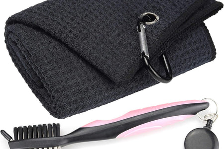Microfiber Waffle Pattern Tri-Fold Golf Towel | Brush Tool Kit with Club Groove Cleaner, Retractable Extension Cord and Clip
