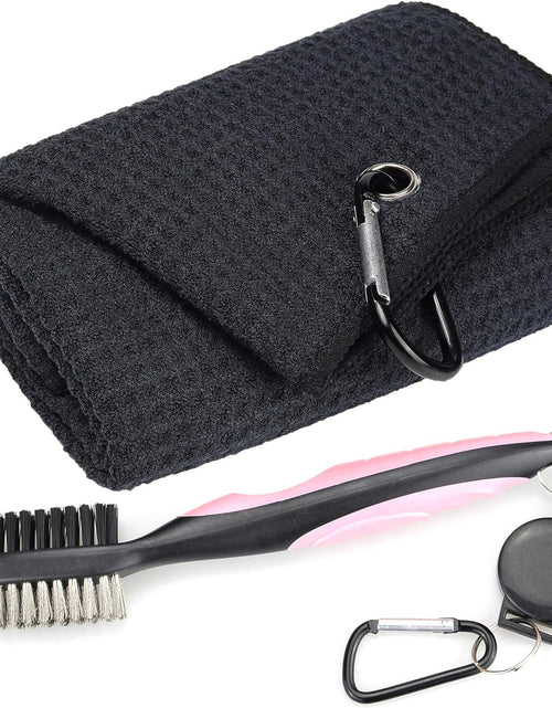 Load image into Gallery viewer, Microfiber Waffle Pattern Tri-Fold Golf Towel | Brush Tool Kit with Club Groove Cleaner, Retractable Extension Cord and Clip
