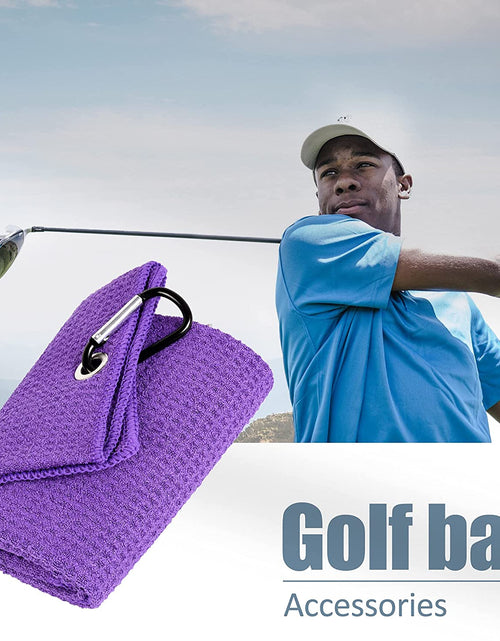 Load image into Gallery viewer, Tri-Fold Golf Towel | Premium Microfiber Fabric | Waffle Pattern | with Heavy Duty Carabiner Clip | Purple Golf Towel for Men and Women | 16”X21” (Purple)
