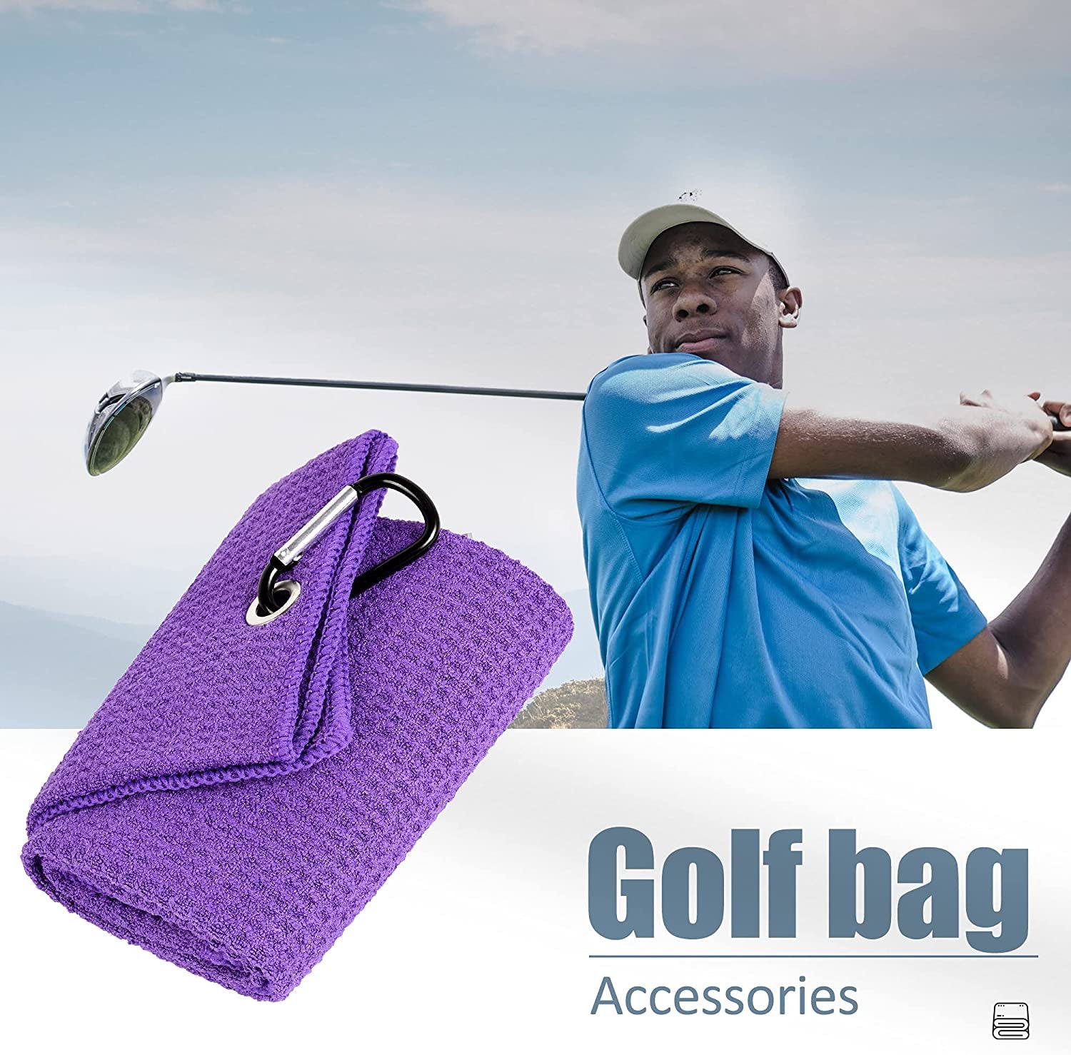 Tri-Fold Golf Towel | Premium Microfiber Fabric | Waffle Pattern | with Heavy Duty Carabiner Clip | Purple Golf Towel for Men and Women | 16”X21” (Purple)