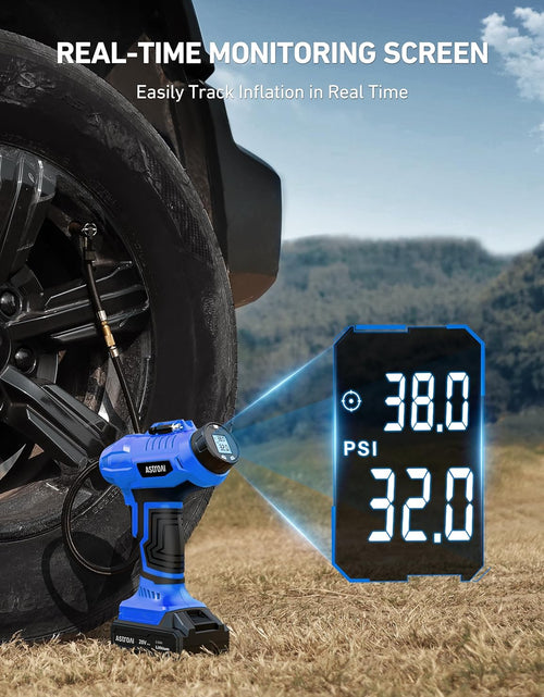 Load image into Gallery viewer, C2 Cordless Tire Inflator Air Compressor 20V Rechargeable Battery Powered 160PSI Portable Handheld Air Pump with 12V Car Power Adapter Digital Pressure Gauge for Cars Motorcycles Blue
