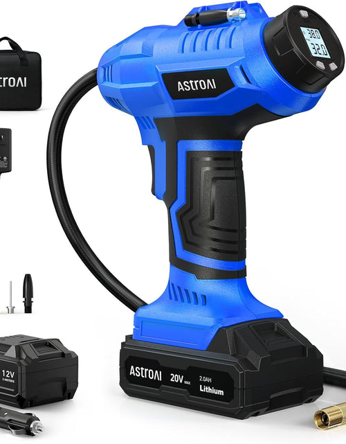 Load image into Gallery viewer, C2 Cordless Tire Inflator Air Compressor 20V Rechargeable Battery Powered 160PSI Portable Handheld Air Pump with 12V Car Power Adapter Digital Pressure Gauge for Cars Motorcycles Blue
