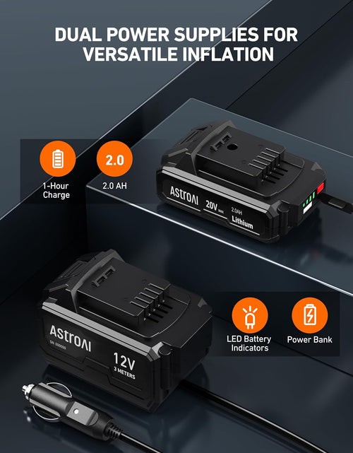 Load image into Gallery viewer, C2 Cordless Tire Inflator Air Compressor 20V Rechargeable Battery Powered 160PSI Portable Handheld Air Pump with 12V Car Power Adapter Digital Pressure Gauge for Cars Motorcycles Blue
