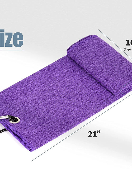 Load image into Gallery viewer, Tri-Fold Golf Towel | Premium Microfiber Fabric | Waffle Pattern | with Heavy Duty Carabiner Clip | Purple Golf Towel for Men and Women | 16”X21” (Purple)
