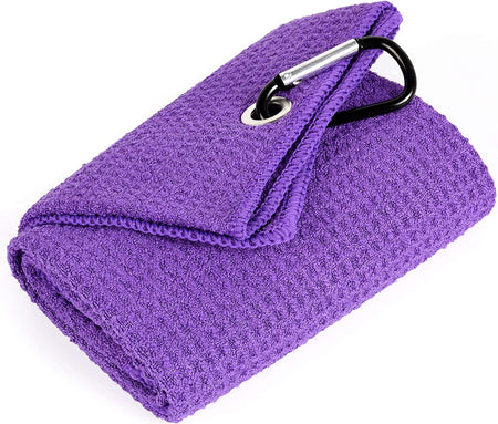 Tri-Fold Golf Towel | Premium Microfiber Fabric | Waffle Pattern | with Heavy Duty Carabiner Clip | Purple Golf Towel for Men and Women | 16”X21” (Purple)
