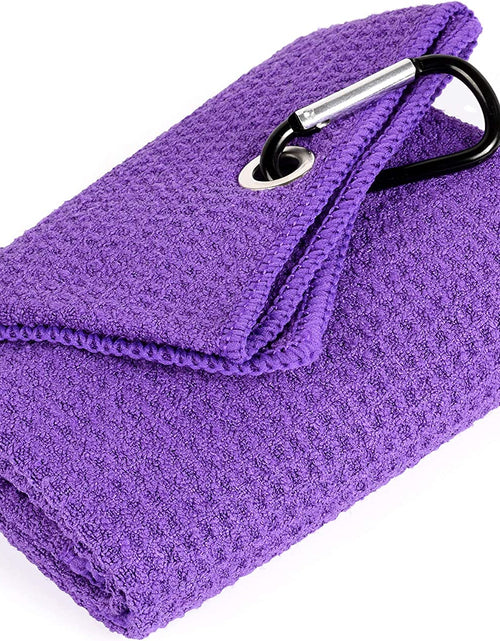 Load image into Gallery viewer, Tri-Fold Golf Towel | Premium Microfiber Fabric | Waffle Pattern | with Heavy Duty Carabiner Clip | Purple Golf Towel for Men and Women | 16”X21” (Purple)
